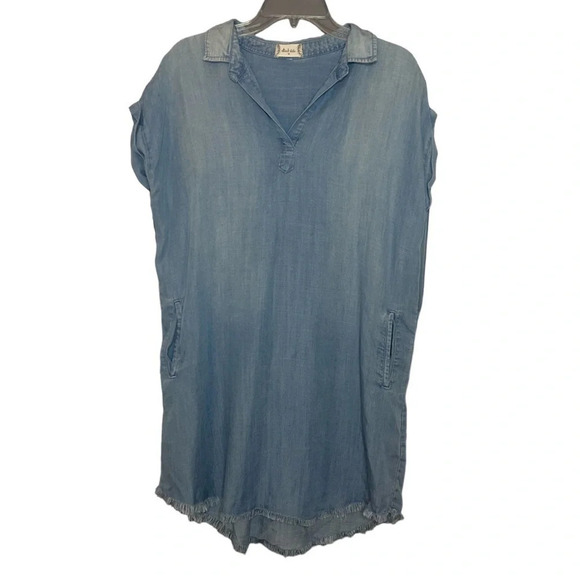 Altar'd State Dresses & Skirts - Altar’d State Chambray Lyocell Dress Blue Fringe Hem Pockets Size M